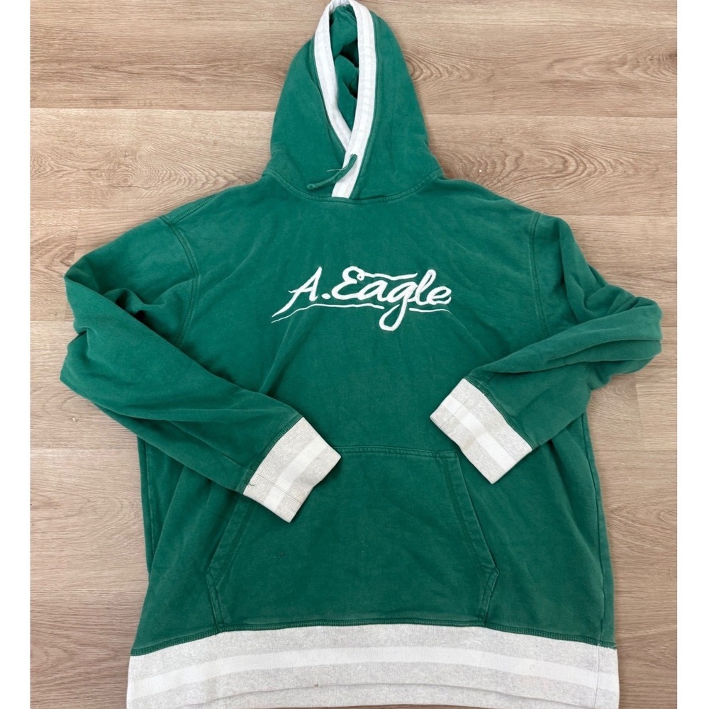 American Eagle Mens XXL Green Script Logo Pullover Hoodie Varsity Stripe Trim